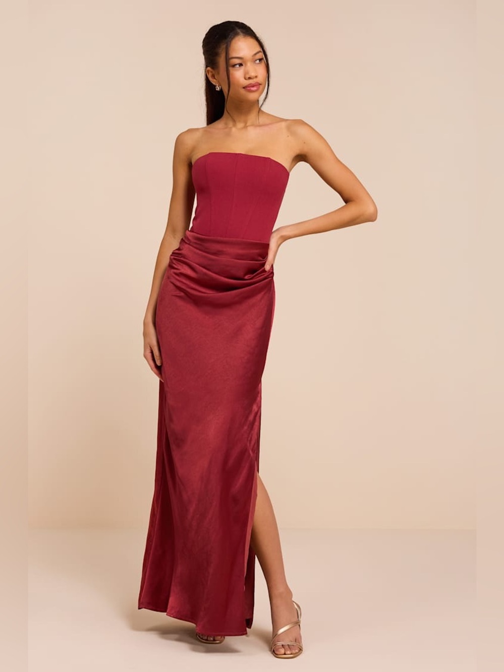 LULUS Mella Burgundy Mixed Media Strapless Maxi Dress